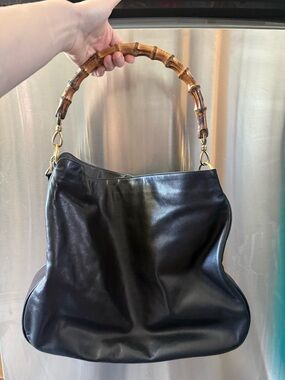 Gucci Black Leather Shoulder Bag with Bamboo Handle and Gold Hardware